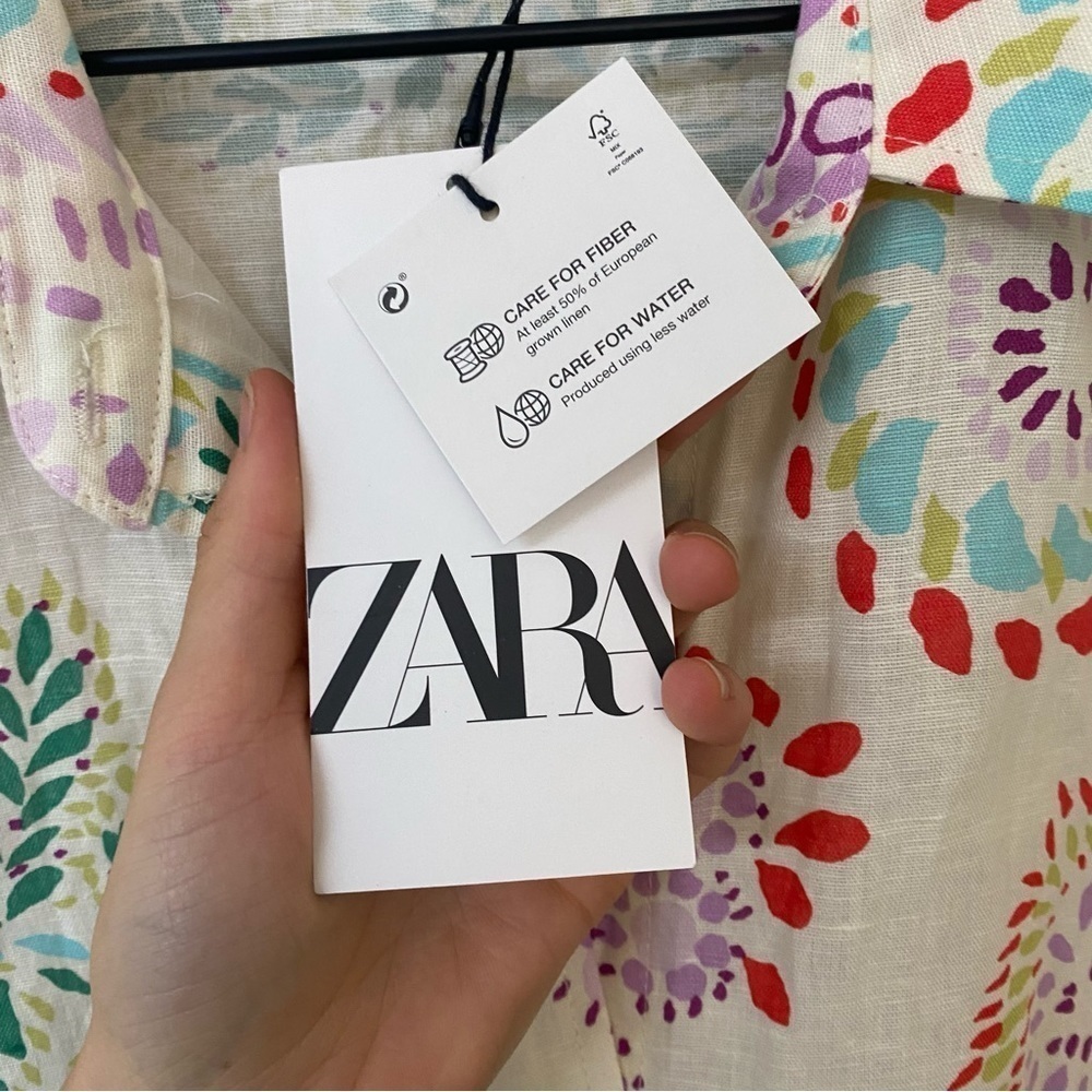 Zara Button Down Shirt L NWT Summer Print Linen Blend Bohemian - Picture 12 of 14